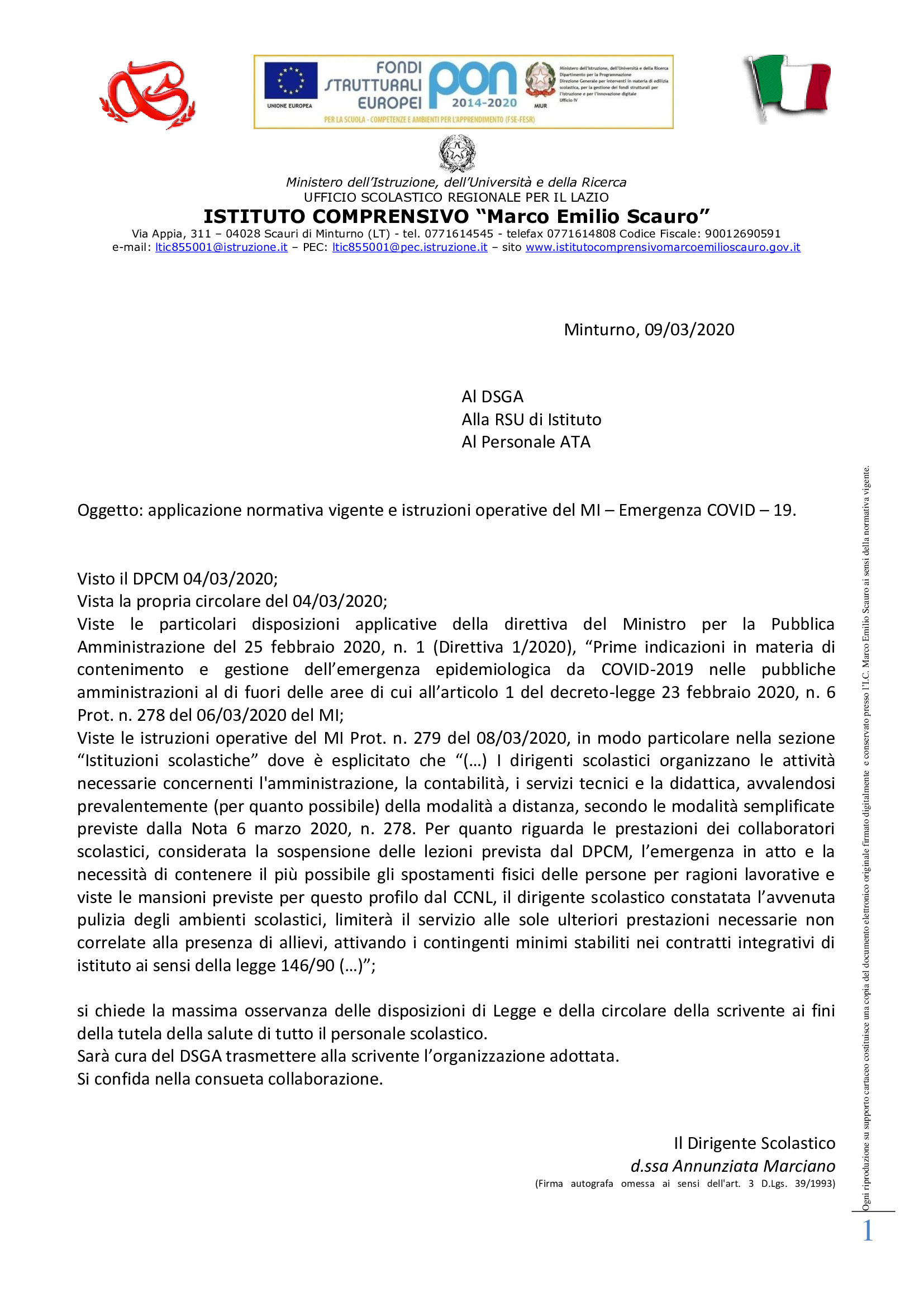 Applicazione normativa vigente e istruzioni operative MI Emergenza COVID 19